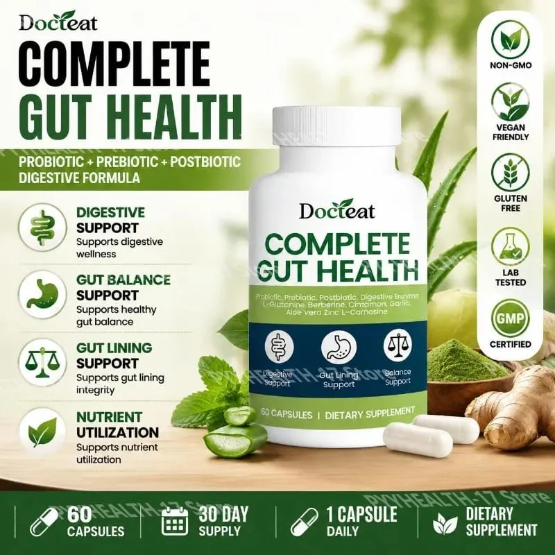 Docteat Complete Gut Health Capsules with Probiotic Prebiotic Postbiotic Digestive Enzymes for Gut Balance & Digestion 60 Count