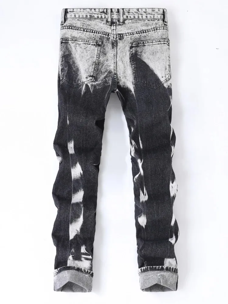 New Patchwork Ripped Jeans Men's Slim Fit Moto Biker Fashion Denim Trousers Vintage High Street Black Casual Pants Street Wear