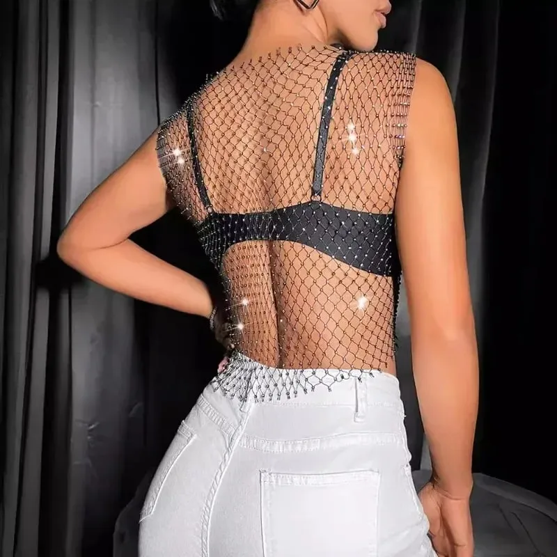 Summer Mesh See Through Vest for Women Sexy Shiny Rhinestone Fishnet Hollow Out Crop Top Beach Cover Up Party Club Tank Tops