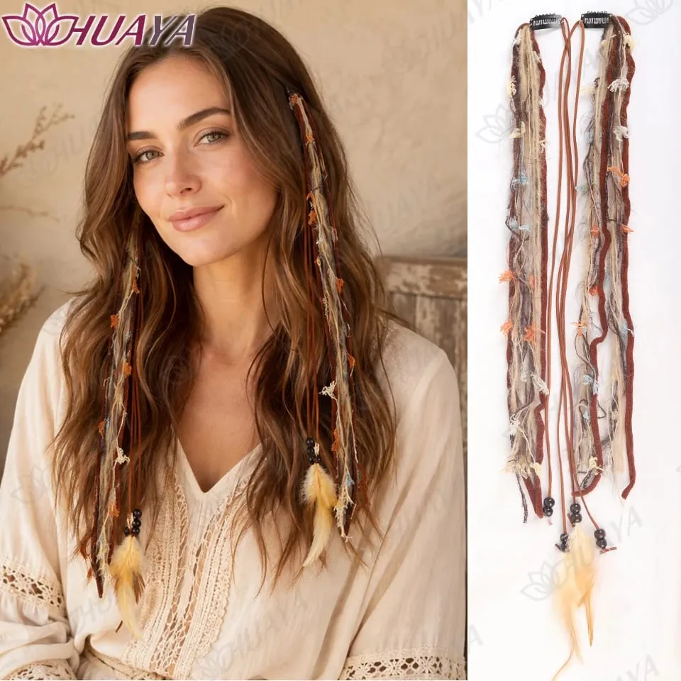 Boho Clip In Synthetic Fiber Hair Extensions Feather Beads Yarn Braids Hair Accessories Festival Hair Pieces for Women