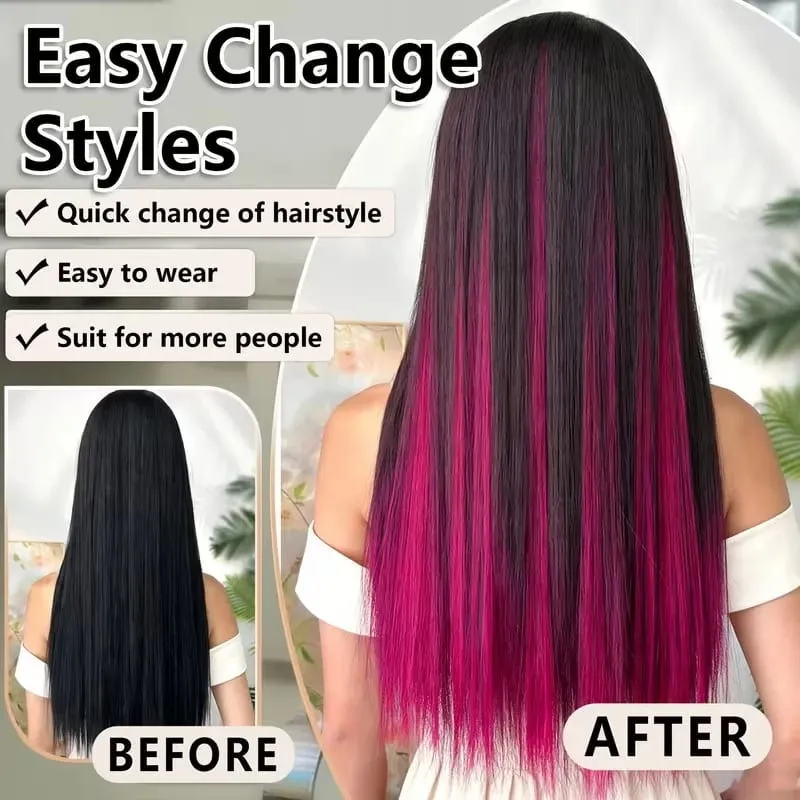 22Inch Synthetic 8pcs Long Straight Clip-In Hair Extension Highlights Multi-Color Rainbow Hairpiece for Women Daily Praty Use
