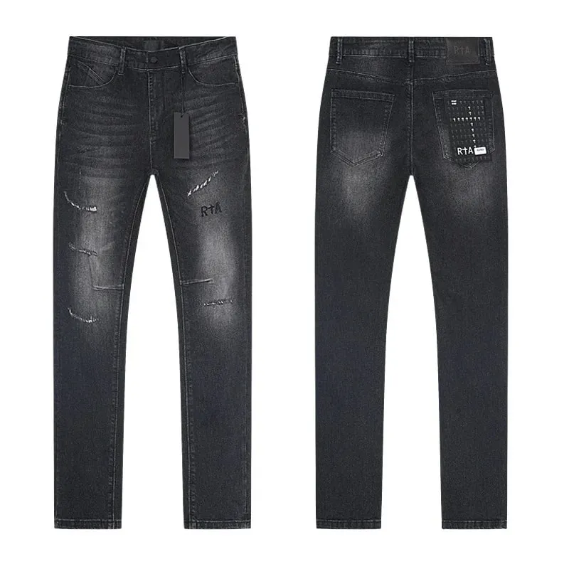 New RTA Destroyed Scratch Hole Light Blue Distressed Jeans Men's High Street Elastic Slim Fit Jeans 2026 Brand Pants Streetwear