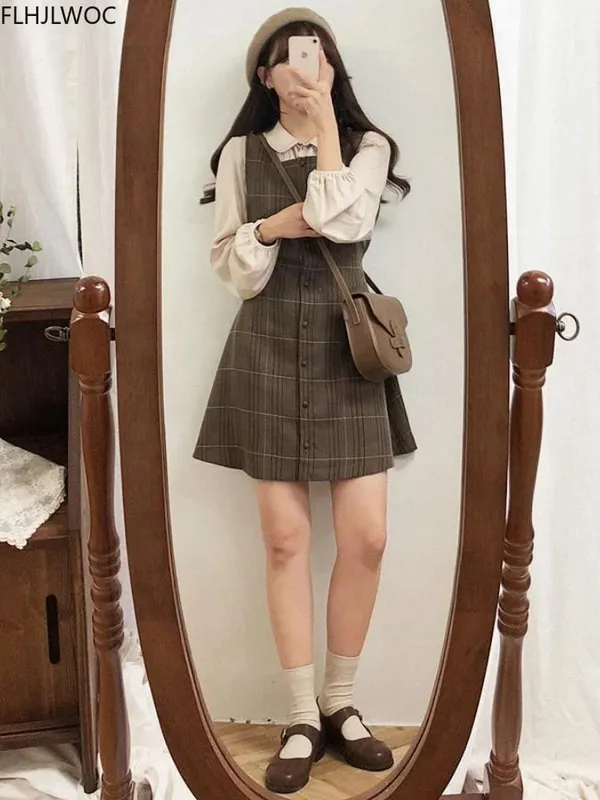 Bonito mini ano novo data vestidos sem mangas colete feminino coreia estilo japonês design retro vintage xadrez botão camisa vestido 11021