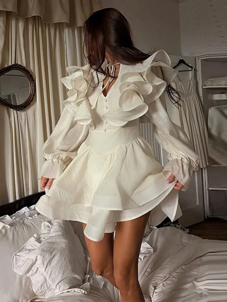 Women Solid Color Ruffle Tiered Mini Dress Long Sleeve V Neck Chiffon Fashion Dresses 2026 Summer Elegant Lady Party Chic Outfit