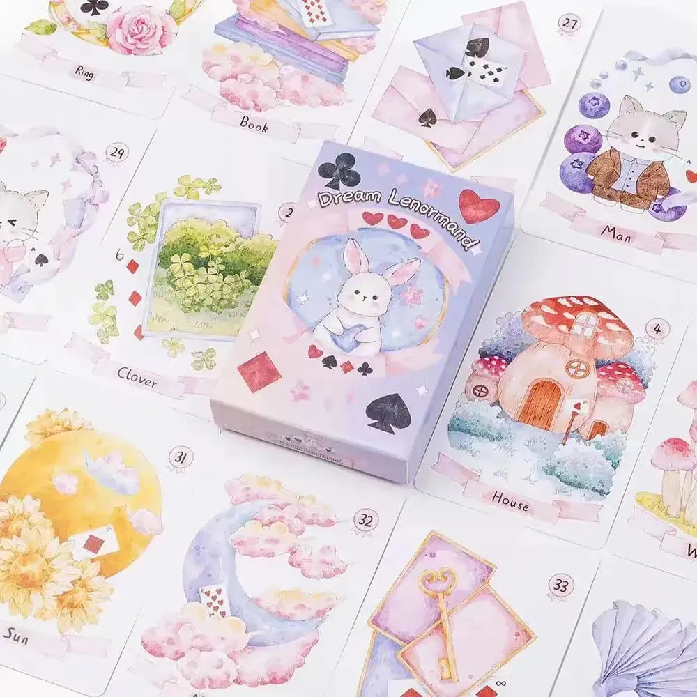 Dream Lenormand Oracle Cards 43 PCS Cute Kawaii Watercolor Animal Tarot Deck Divination Fortune Telling English Board Game
