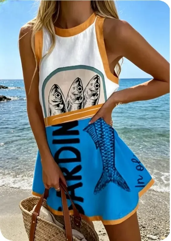 Summer New Print Dress Women's Fashion Elegant Casual O Neck Sleeveless Holiday Beach Party Shirt Dresses For Women Robe Femme