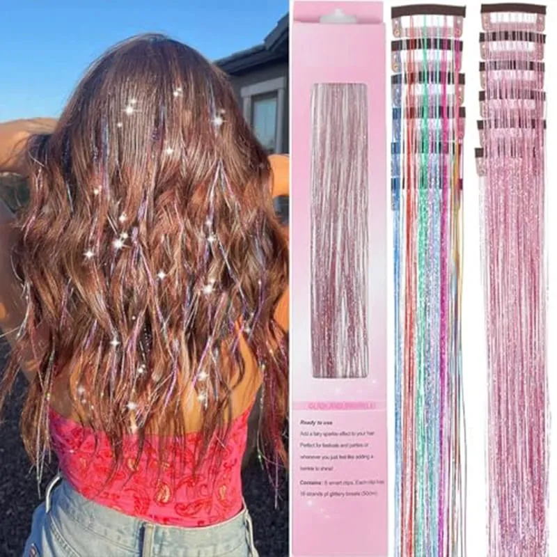 12Pcs Clip in Hair Tinsel Kit Red Hair Tinsel 22Inch Tinsel Hair Extensions Christmas Hair Tinsel Party Festival Accessories