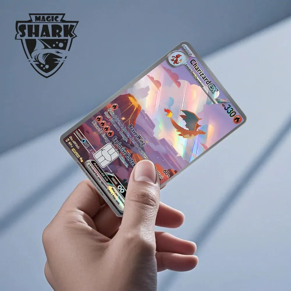 Magic Shark Mew Charizard EX Eevee Gengar Pikachu TCG Card Holographic Laser Skin Film Sticker for Bank Credit Card