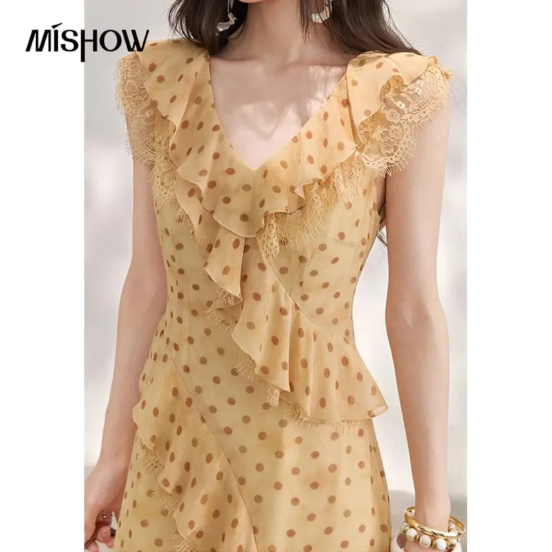 Women's Vintage Polka Dot Midi Dress 2026 Summer French V Neck Lace Ruffle Dress Sleeveless Slim Long Dresses MXF29L2745