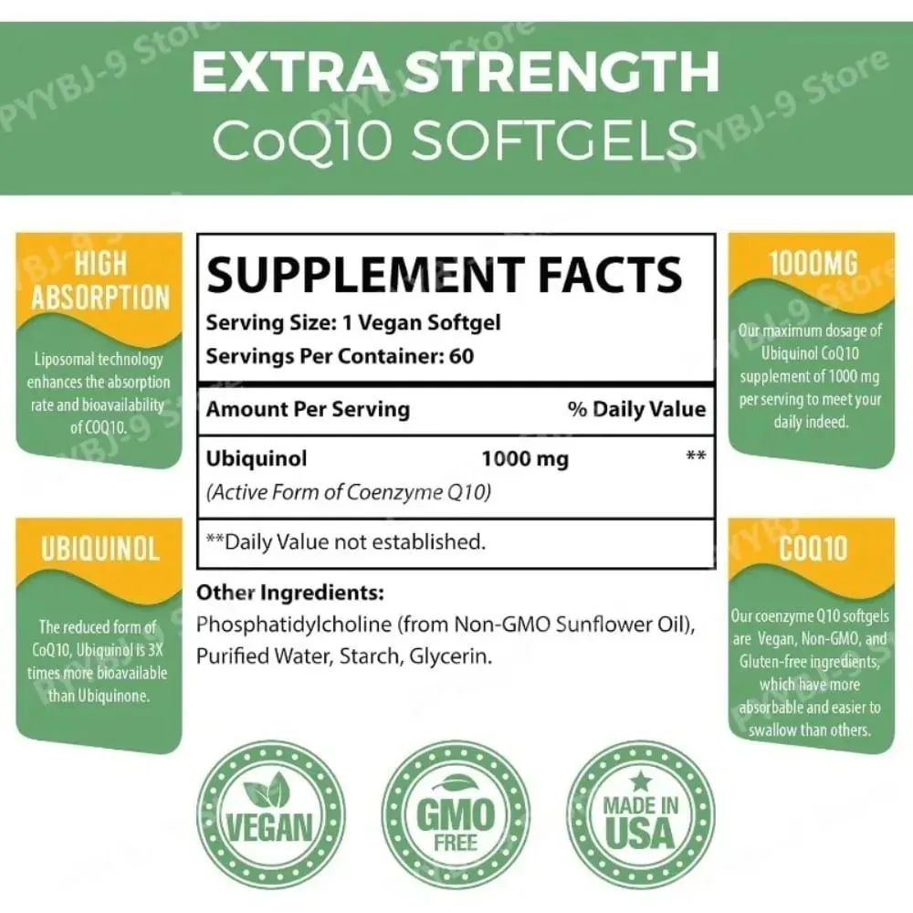 CoQ10 Ubiquinol 1000 mg vegane Kapseln 60 CT liposomales hochabsorbierendes Coenzym Q10 für die tägliche Unterstützung der Herzenergie und Antioxidantien