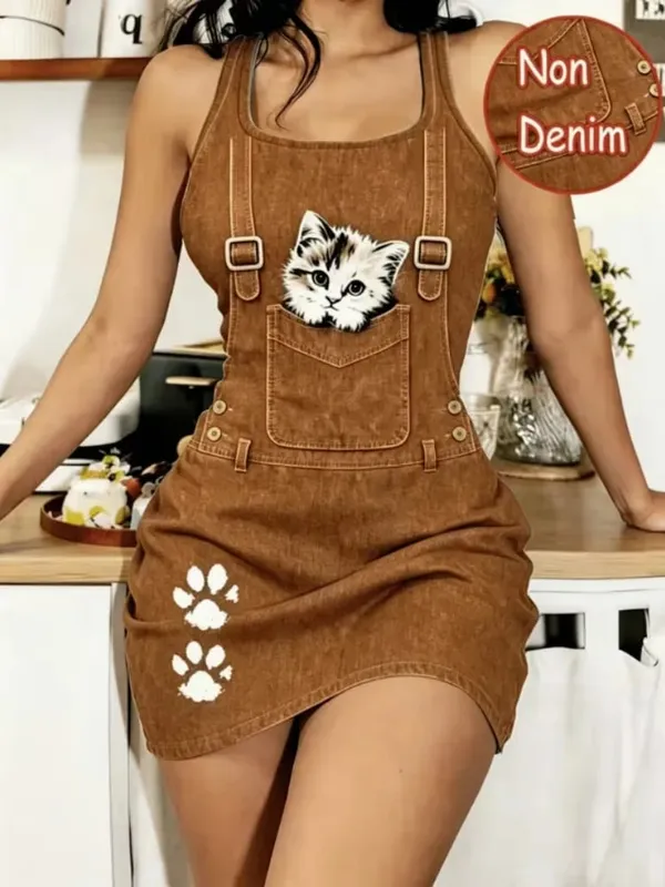 Women’s Spring and Summer Casual Home Wear Tailored Waistcoat with Sleep Dress Faux Denim cartoon Cat Print Sleeveless Sleep