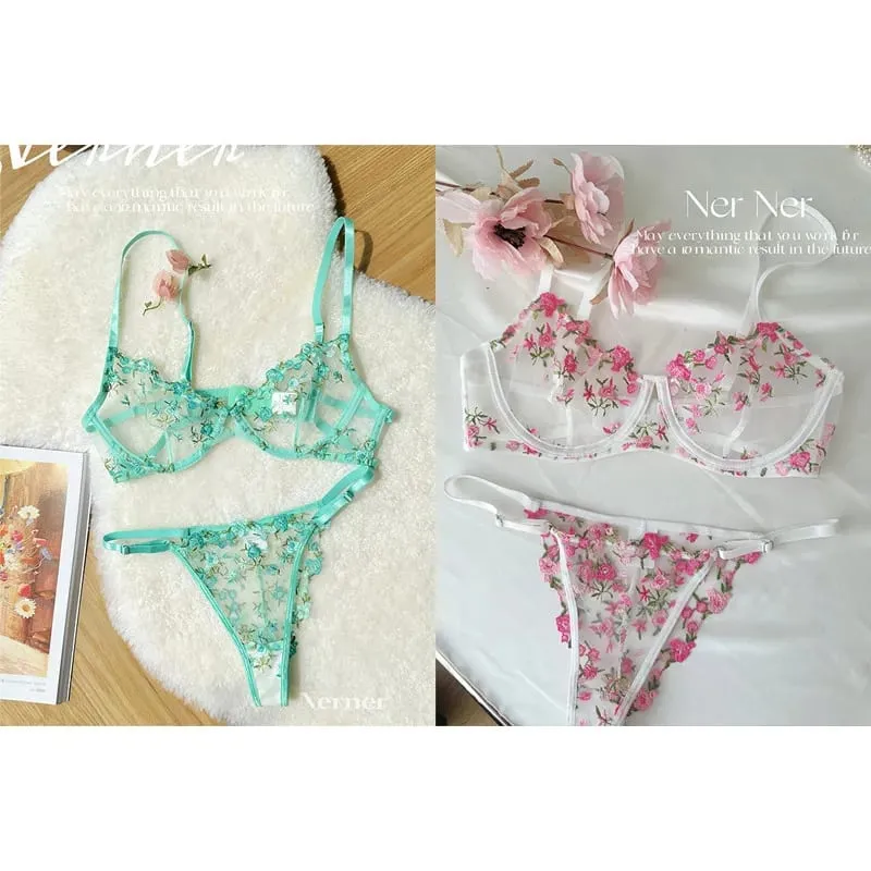 Korean Hot Lace Bra Set Floral Embroidery Transparent Mesh Ultra Thin Big Bust Modest Summer Ladies Daily Wear Underwear 32-38