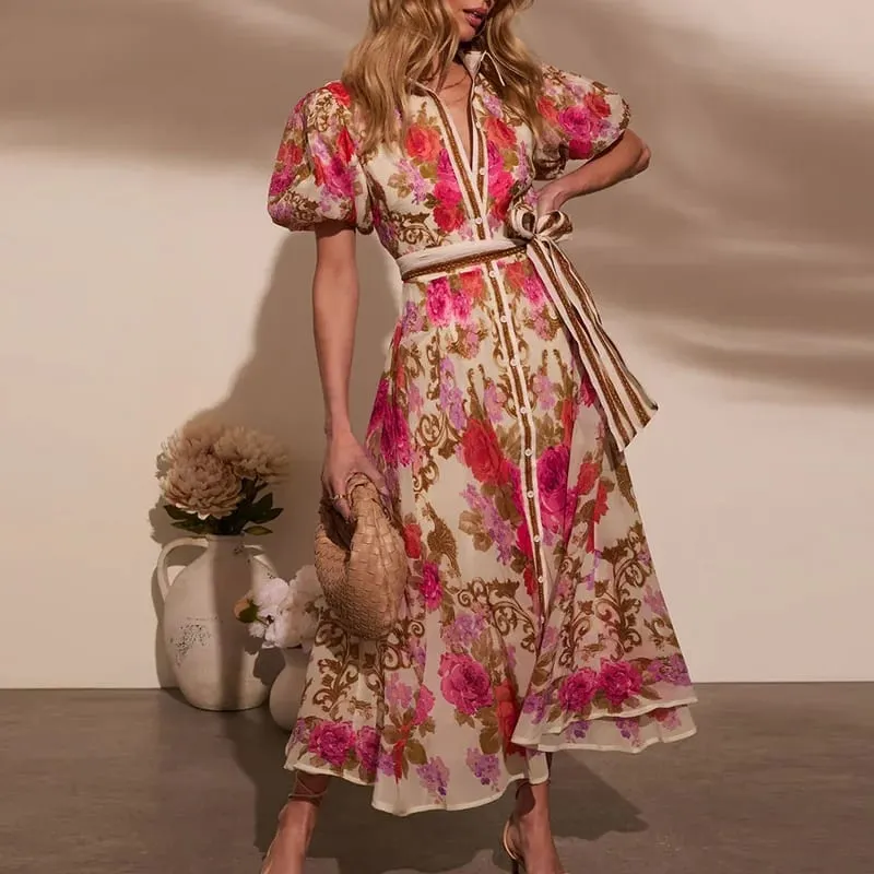Kvinnor Casual Blommönster Bohemisk festklänning Chic sommar Lång klänning med snörning Dam Elegant enkelknäppt skjortor Klänning 2025