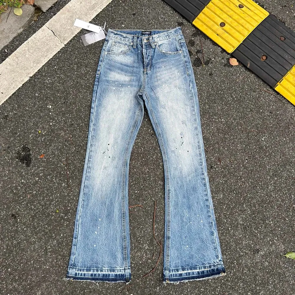 Schwere wassergewaschene Retro-Jeans mit blauen Tintenspritzern und Micro-Flare-Jeans, gerade Baggy-Jeans für Herren und Damen, Boot-Cut