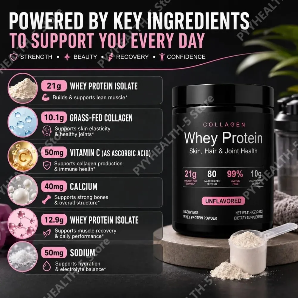 Collagen Whey Protein Powder Unflavored with Whey Isolate Collagen Peptides Vitamin C Daily Nutrition Support 200g