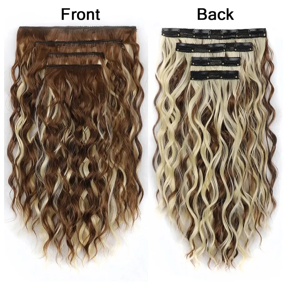 4Pcs Curly Clip in Hair Extension Synthetic Hair Mixed Color Silky Soft Natural Look Invisible Lace Weft Hairpieces for Women