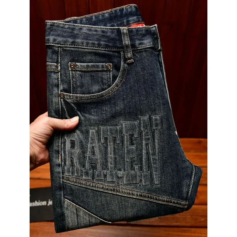 High end retro jeans for men slim fit small feet light luxury trend autumn style simple and casual long pants
