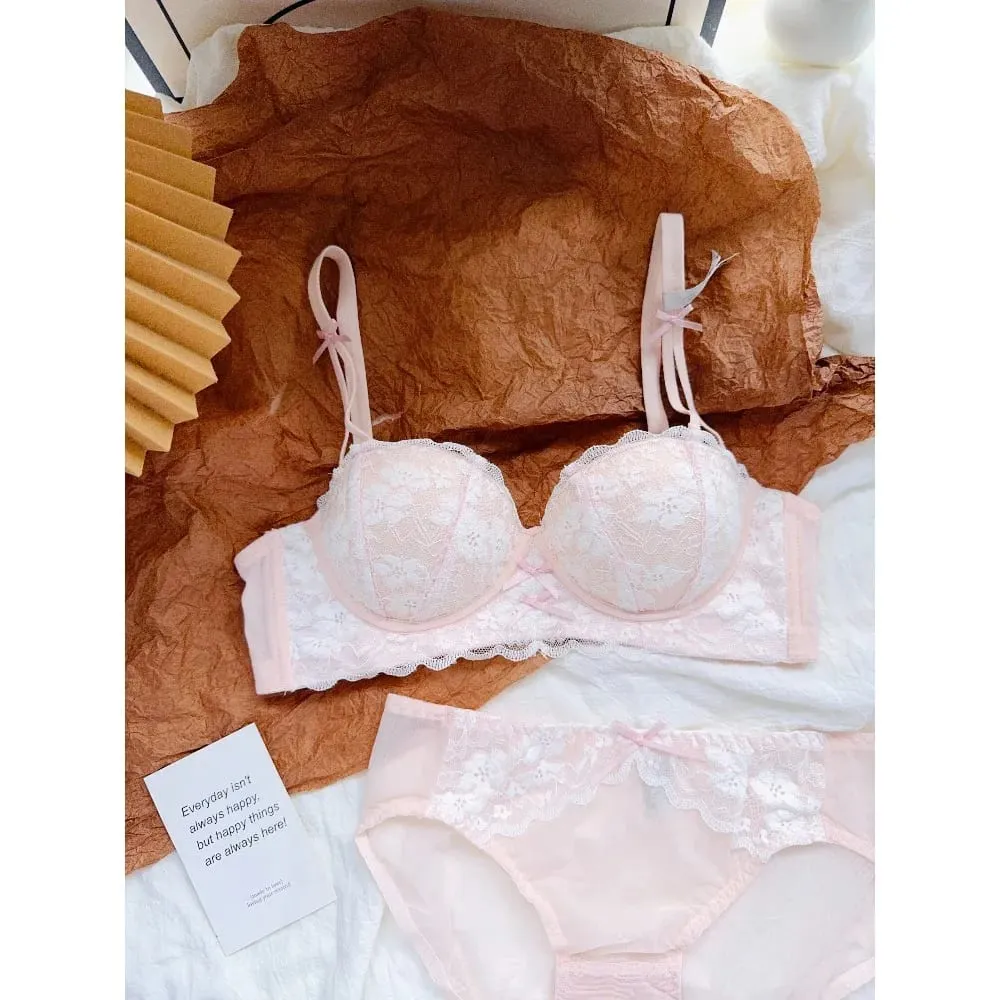 Sweet French Lace Women Bra Set Wire Free Push Up Lingerie Top Side Support Anti Sag Brassiere Panty Suit For Small Bust 32‑38