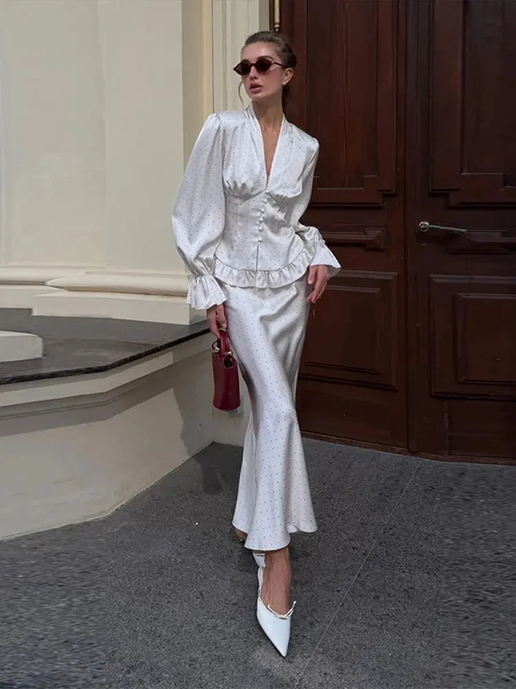 Lace Spliced Satin Midi Dress Waist Cinched Peplum V-Neck Puff Sleeve 2026 Summer Elegant Women Gown Causal Fashion Lady Vestido