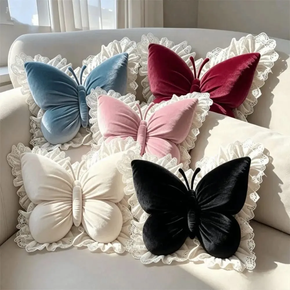 Elegant Velvet Butterfly Pillow Lace Trim Soft Bow Cushion Cute Bow Throw Pillow Car