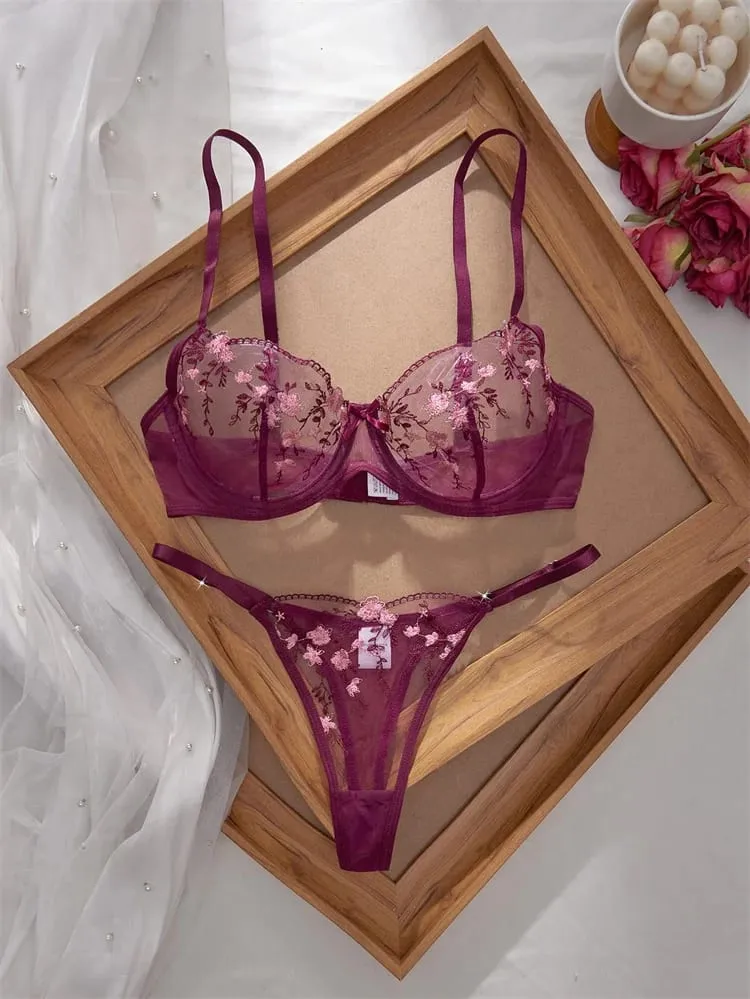 Romantic Women's Underwear Ultra Thin Floral Embroidery Sexy Lingerie See Through Pure Desire Lingerie Set Push Up Sexy Bras