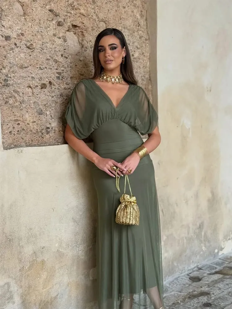 Wanita Padat Dalam V-leher Mesh Gaun Panjang Elegan Puff Lengan Pendek Pinggang Ruched Vestidos Tinggi 2026 Musim Panas Wanita Kasual Jubah Jalanan