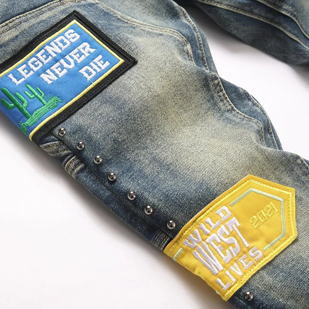 Men's Badge Patch Boot Cut Jeans Rivet Vintage Retro Blue Stretch Denim Pants Streetwear Slim Flared Trousers