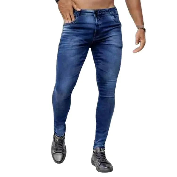 Men High Waist Skinny Jeans Stretch Pencil Pants Solid Color Ins Trendy Street Slim Fit Denim Trousers Male Casual Pants