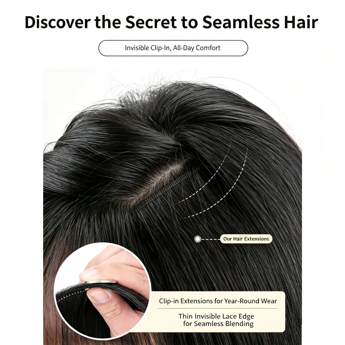 3 Pcs Invisible Seamless Clip in Hair Extensions Straight Synthetic Fiber Breathable Mesh Elastic BB Clips Lightweight Silky Hai