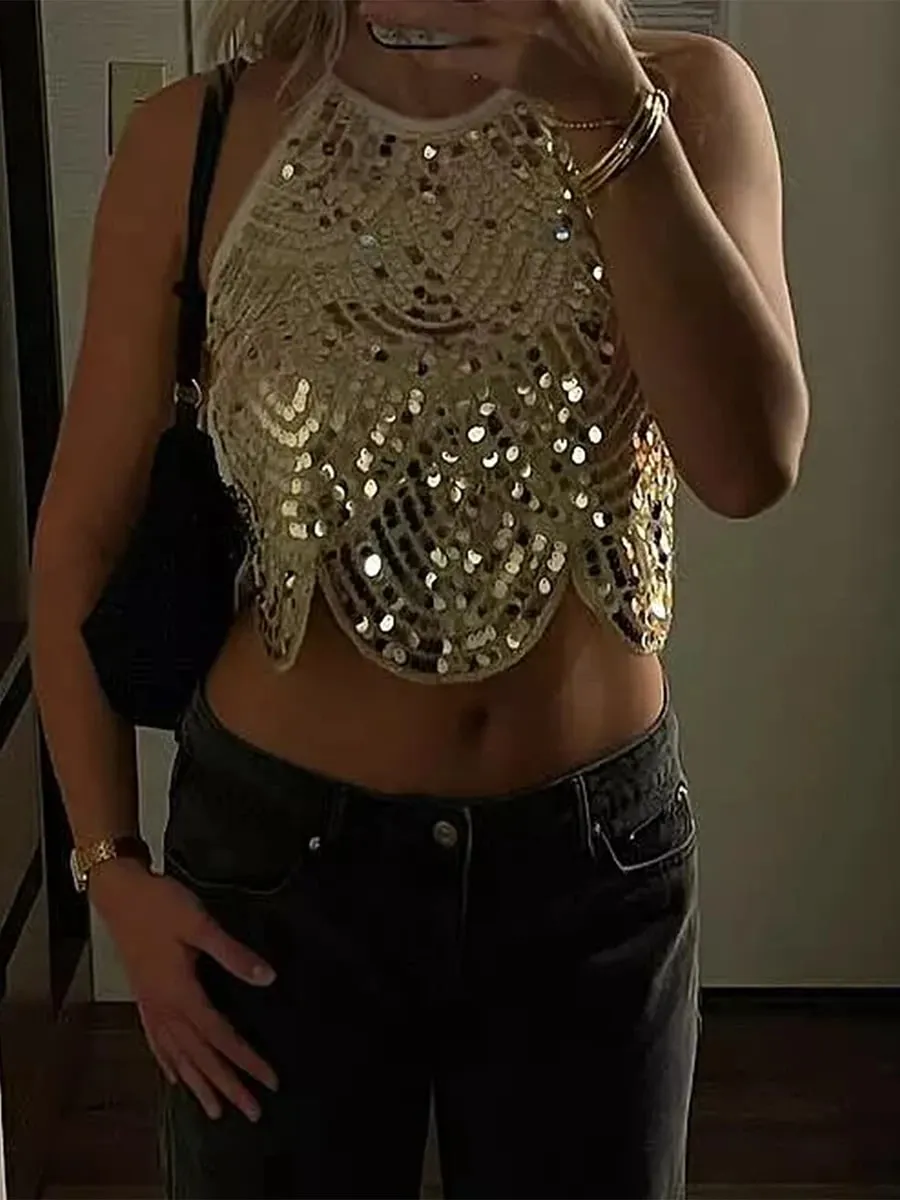 Sexy dámské Halter Flitrové tílko bez zad se zavazováním Sexy třpytivý Crop Top Bez rukávů Třpytivé Party Topy Klubové oblečení