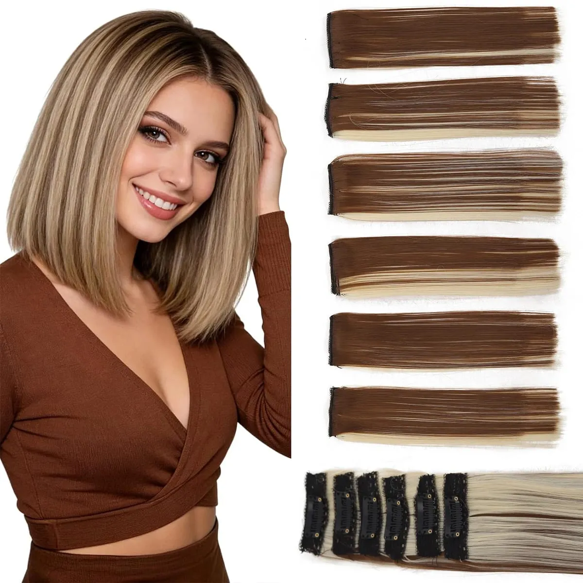 6PCS 6 Clips In Synthetic Hair Extensions Medium Short Straight Clip In Highlights Hairpiece For Women Daily Use
