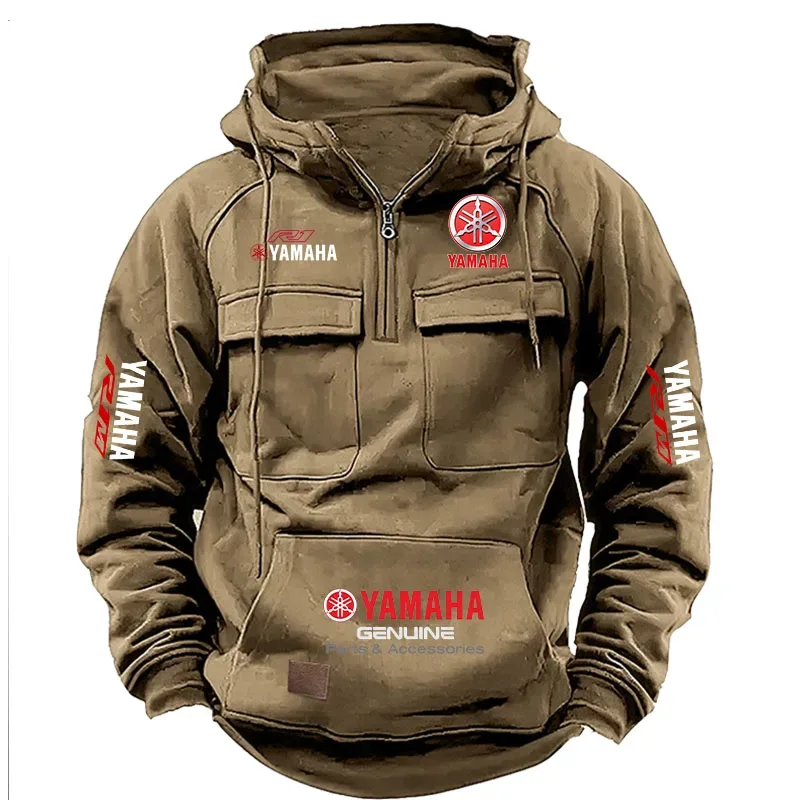 2026 New YAMAHA Logo Motorcycle Racing Race Retro Velvet Half Zipper Hoodie Men's Multi Pocket Autumn/Winter Casual Sweatshirt