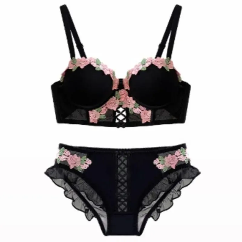 Vintage Floral Lingerie Set Cream Lace Bralette Retro Push Up Bra for Small Bust Women Pure & Sensual Embroidered Wireless