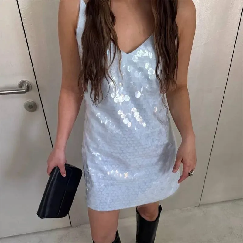 Sexy Beach Women's Summer Short Dress Loose Deep V-neck Sleeveless Backless Spaghetti Strap Sundress 2026 Solid Glitter Dresses