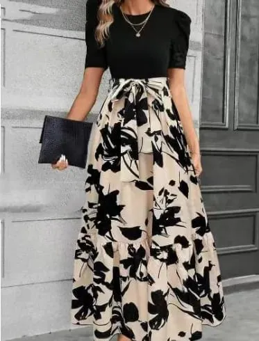 Women Dresses 2026 Spring Summer floral printed round-neck elegant dress exotic vacation style women's clothing vestidoes