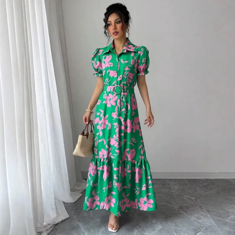 YuooMuoo Summer Style Floral Print Women Dress 2026 New Arrival Vintage Turn-down Collar Slim Waist Long Shirt Dress Vestidos
