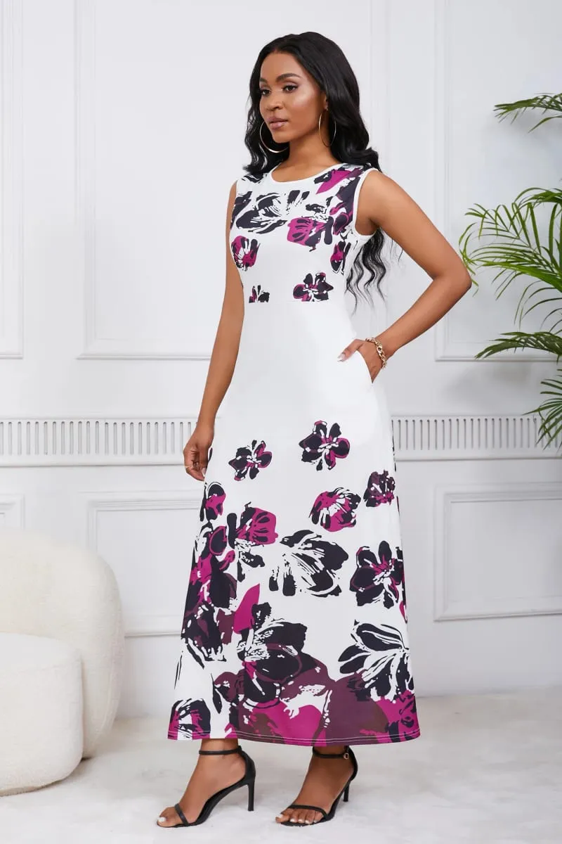 Womens Summer Floral Print Round Neck Casual Beach Floor Length Evening Long A-Line Boho Maxi Dress