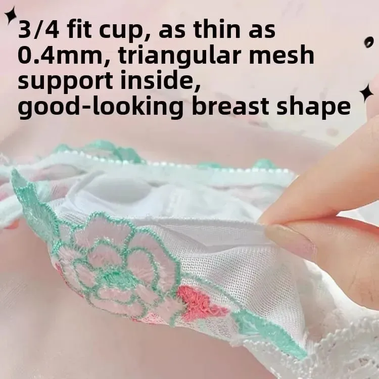 French Style Lace Embroidery Bra Set Women's Underwear Anti-Sagging Thin Design Sweet Pure Desire Wireless Comfortable Bandeau