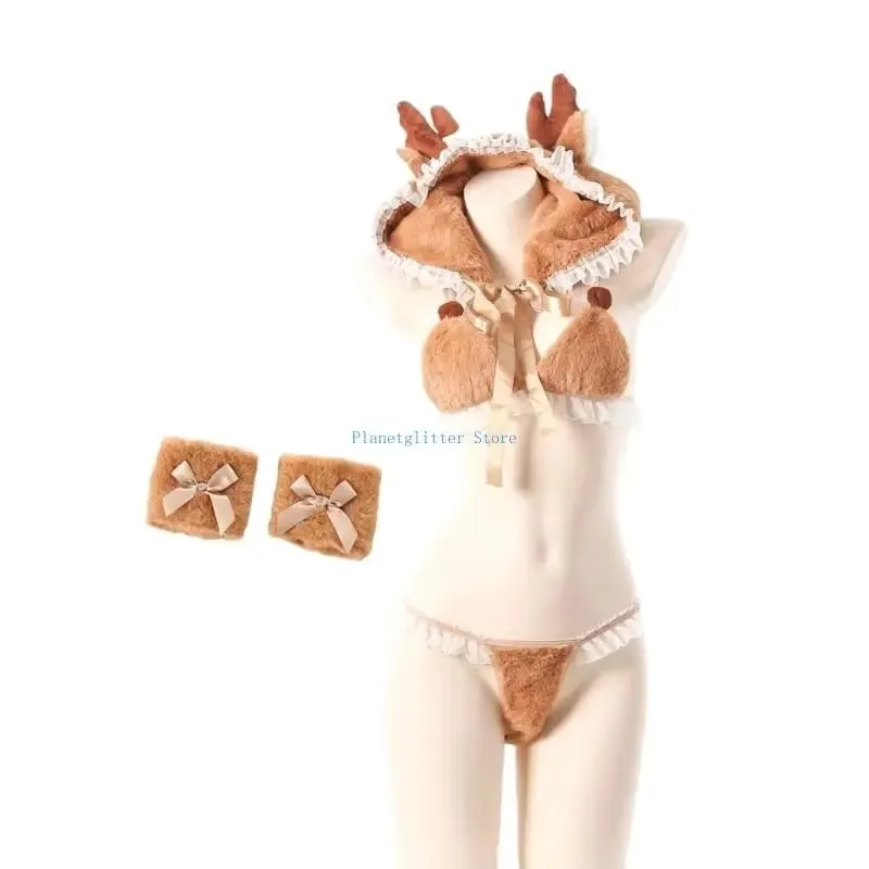 652B Deer Cosplay Lingerie Costume with Cap Wrist Cuffs Bra 4Pcs Anime Lingerie Set
