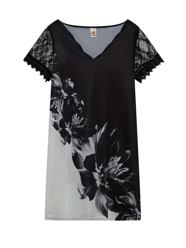 2026 New Women's New Positioning Printing Wave V-neck Lace Short-sleeved Dress