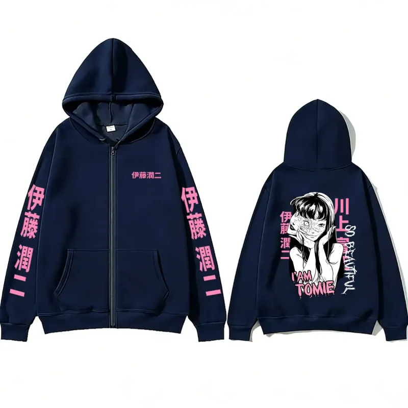 Anime Tomie Junji Ito Zipper Hoodie Men Women Vintage Manga Horror Gothic Zip Up Sweatshirts Men's Cosplay Retro Zip Up Jacket