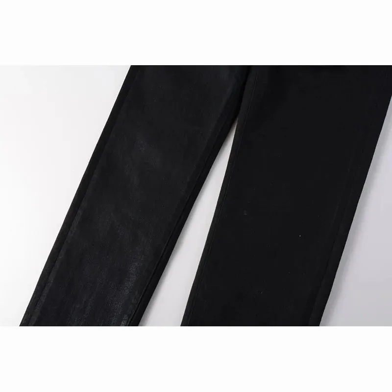 Men's American High Street Distressed Solid Black Coated High Stretch Skinny & Slim Fit Jeans Pant