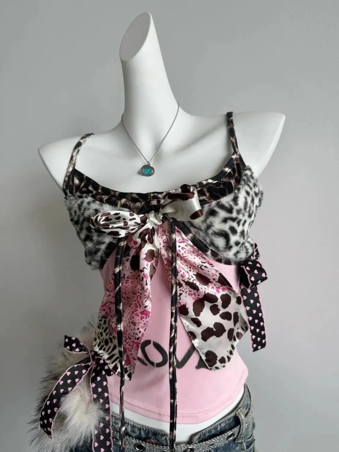 American Harajuku Hottie Camisole Subculture Leopard Patchwork Bow Halter Vest Y2K Aesthetic Letter Print Tanks Women's Slim Top
