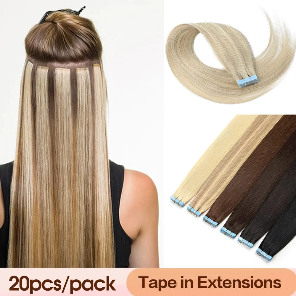 Tape in Extensions Human Hair Natural Seamless Tape in Hair Extensions Skin Weft PU Tape On Hair 20 PCS 12"-20" 50G/Pack
