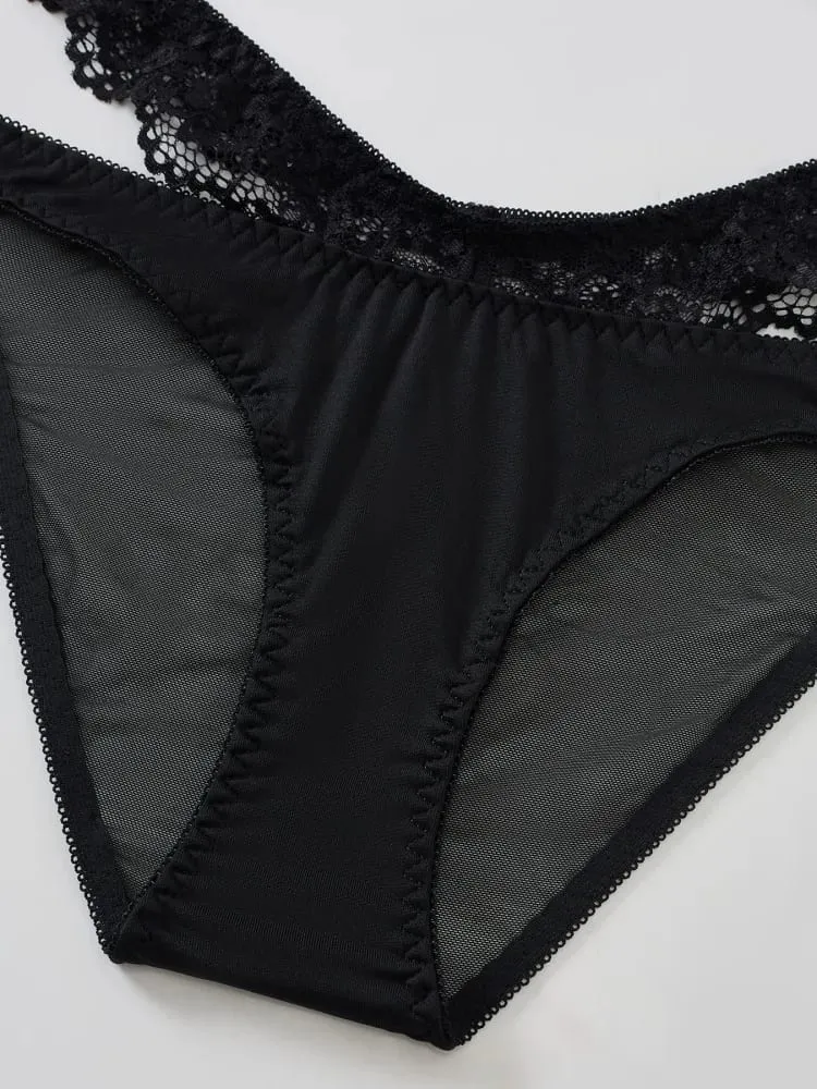 2Pcs Black Lace Bra Set French Style Women Bra Panties Breathable Mesh Underwear Elegant Ladies Ultra Thin Underwear Panties Set