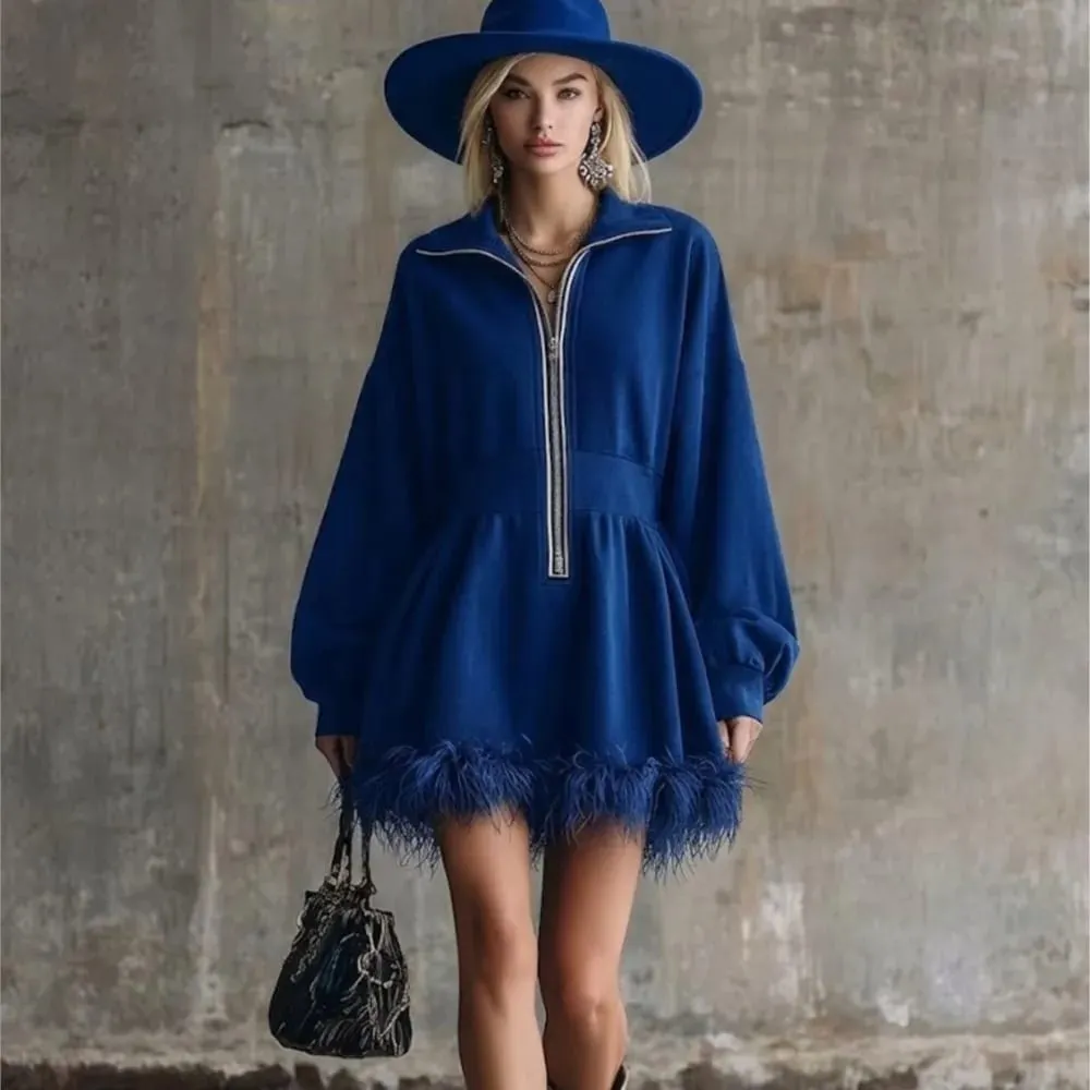 Fashion Dress Autumn Winter Casual Solid Color Simple Street Style Long Sleeved Zipper V-neck Feather Edge Cinched Waist Dresses