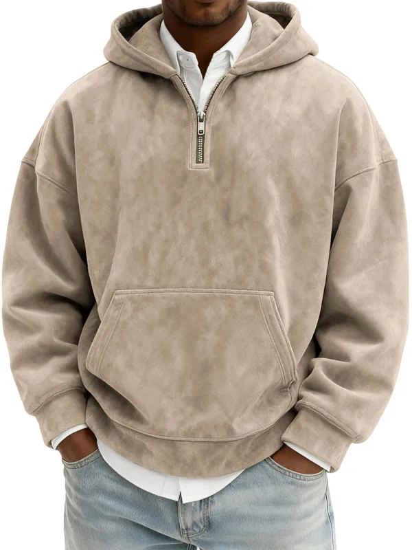 American New Fashion Men's Solid Color Half Zipper Long Sleeve Casual Trendy Daily Hooded Sweatshirts Male Hoodies Clothes Tops