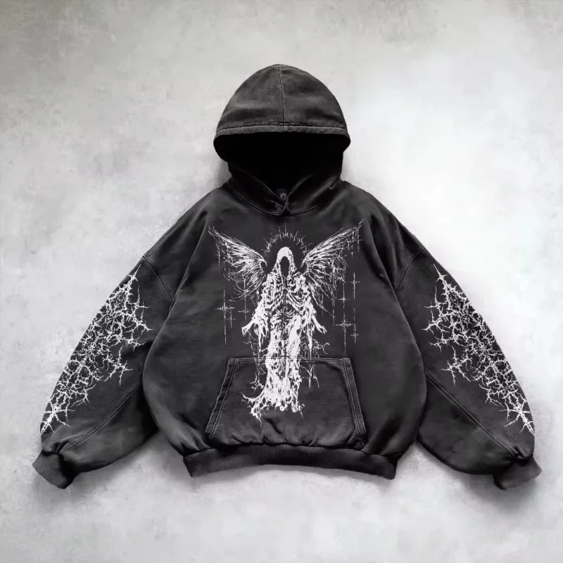 レトロゴシックグラフィックプリントヒップホップパーカー男性のための Y2k グランジパンクカジュアルルーズプルオーバー女性ストリートトレーナーパーカー