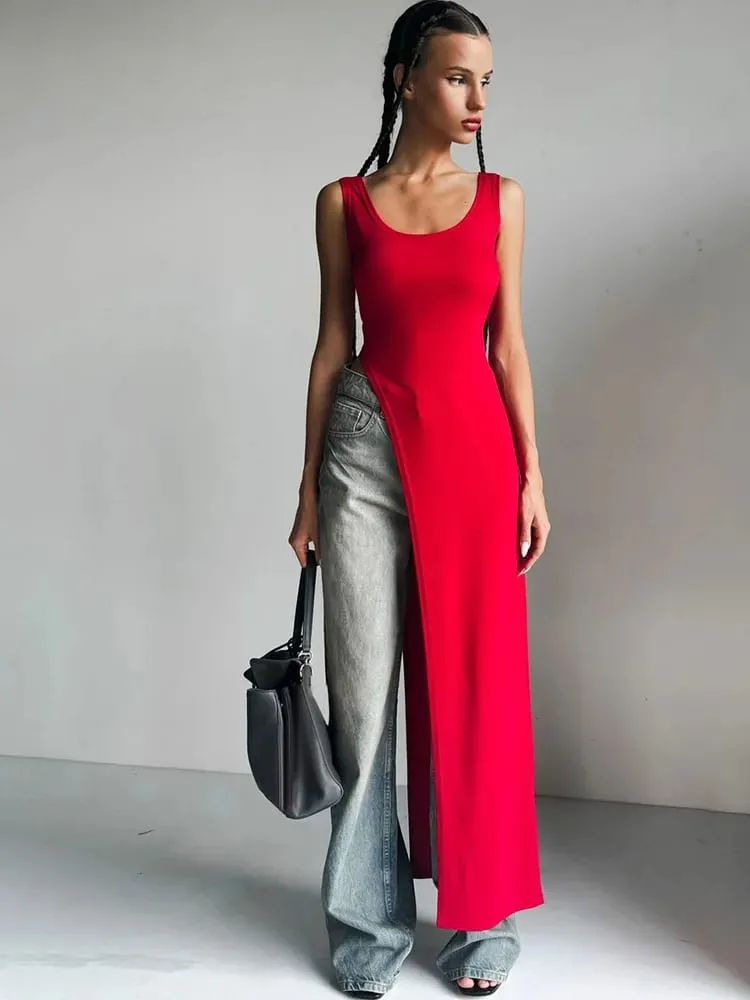 Tren kepribadian musim panas gaun rompi kamisol tanpa lengan hem asimetris tidak beraturan ceruk jalanan warna solid slim fit