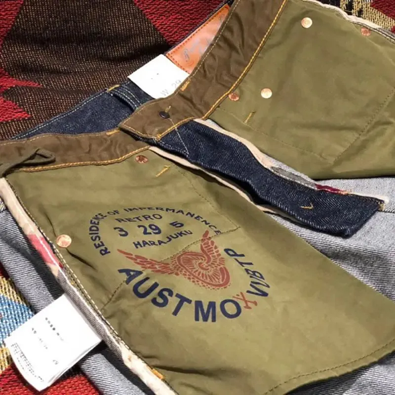 14oz 100% Cotton Heavyweight Sakura Red Selvedge Washed Desized Denim Jeans Loose Straight American Retro Amekaji Workwear Pants